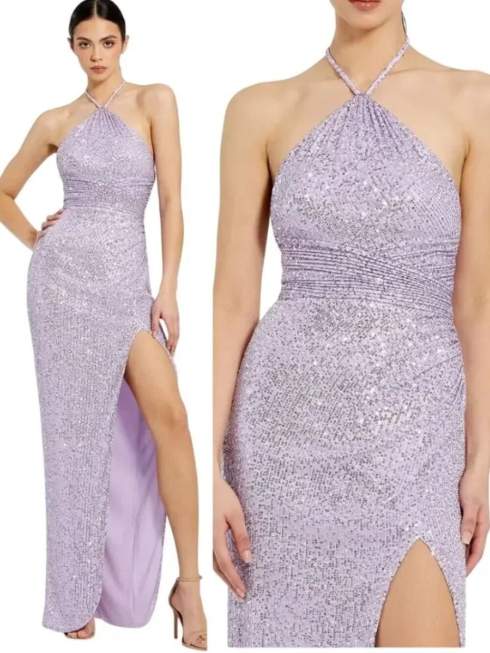 Ieena Mac Duggal Lilac Sequin Halter Gown High Slit Size 8 NWT $398